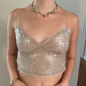 LE LIS Collection Just In Time Sparkle Crop Top Taupe NWT Size Small